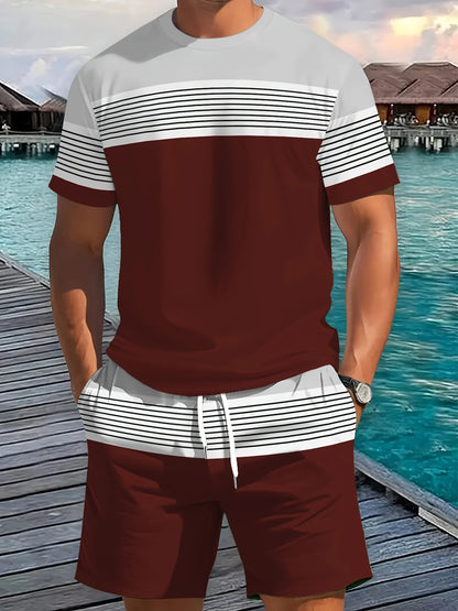 2026 Summer New Arrival Men's Casual Two-Piece Set Striped Print Short-Sleeve Shirt and Athletic Shorts Set Men's Fitness Set
