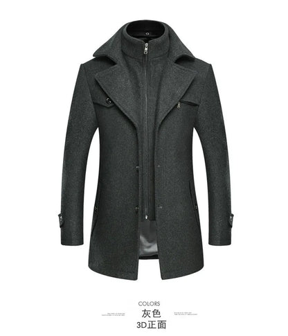 Autumn Winter Double Collar Woolen Coats Men Thick Business Casual Wool Blends Trench Coat Male Solid Turn Down Collar Outerwear