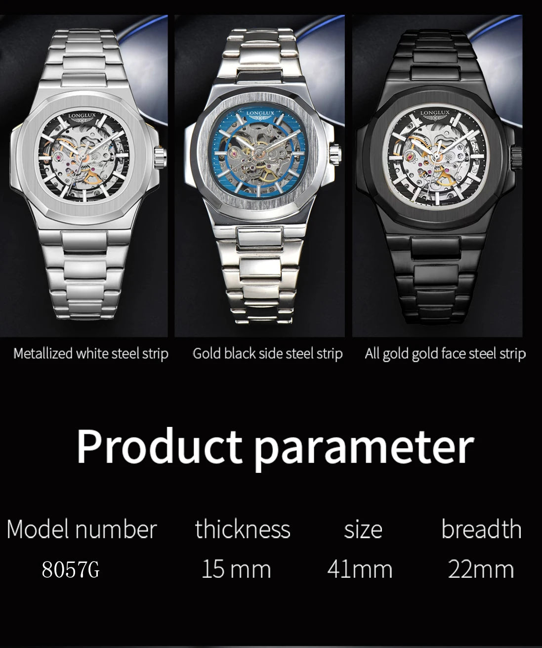 LONGLUX Men Automatic Mechanical Watch Luxury Watches Waterproof Skeleton Business Cheap Wholesale Stainless Steel Gift Watch