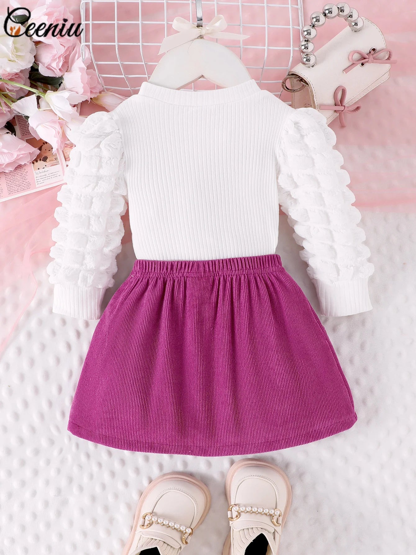 0-3Y Baby Girl Outfit Set 2pcs Puffy Sleeve Heart Shape Top and Corduroy Skirts Valentines Day Sweet Toddler Kids Clothes Girls