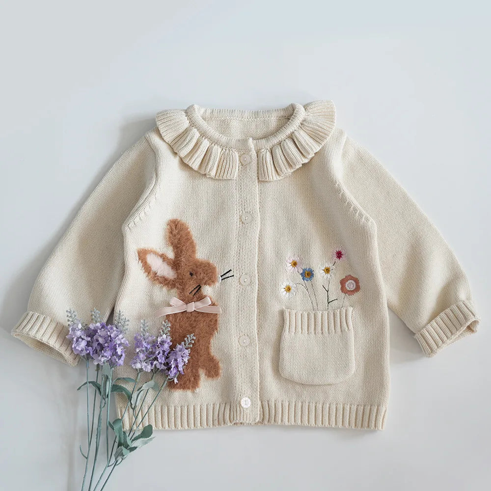 Baby Girls Embroidery Sweater Cardigan Autumn Fashion Cotton Floral Collar Kids Knitted Cardigan Rabbit Coat Outerwear Korean