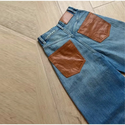 Female Vintage Leather Pocket Jeans Women Blue Zipper Straight Loose Trousers Lady New Fashion Daily Casual Spring Pants 2026