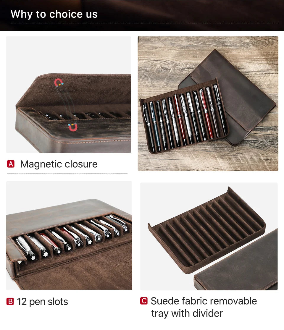 Luxury Genuine Leather 12 Slots Fountain Pen Case Box Office School Stationery Pen Storage Pouch Holder with Removable Pen Tray