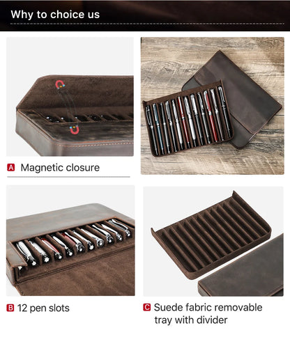 Luxury Genuine Leather 12 Slots Fountain Pen Case Box Office School Stationery Pen Storage Pouch Holder with Removable Pen Tray