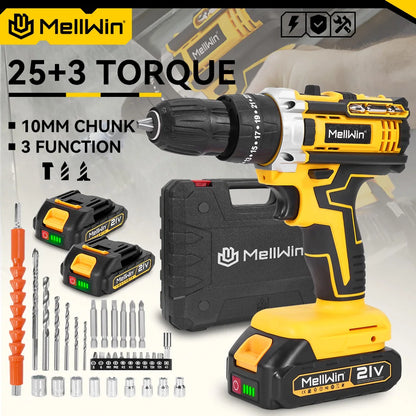 MELLWIN 25+3 Torque Electric Impact Drill Set Multipurpose Cordless Electric Screwdriver Power Tool For Makita 18V Battery Pin