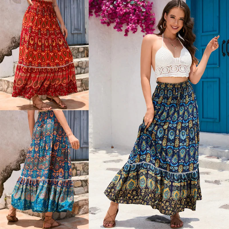 Women's Casual Temperament Skirt Women's Fashionable Bohemian Printed Elastic Waist Temperament Skirt Big Sway Temperament Skirt