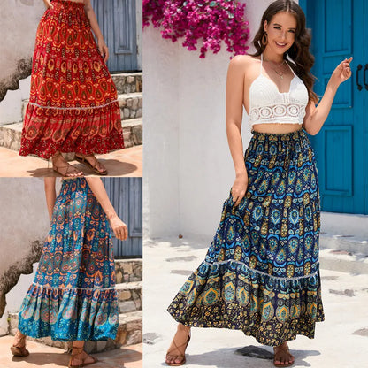 Women's Casual Temperament Skirt Women's Fashionable Bohemian Printed Elastic Waist Temperament Skirt Big Sway Temperament Skirt