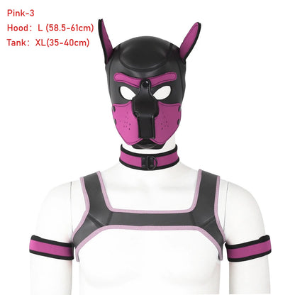 Large Size Puppy Cosplay Neoprene Fetish Hood Mask Kit with Chest Strap Collar Armband Sex Costumes for Bdsm Slave Role Play