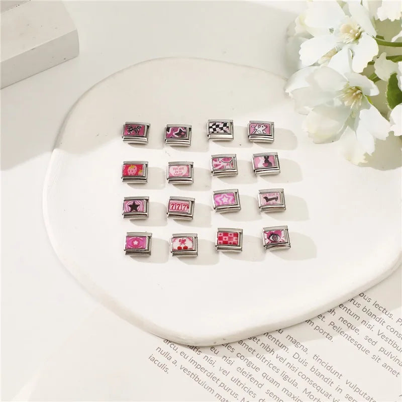 Beautiful Flower Y2K Black Star Dog Heart Pink Italian Charm Link Fit 9mm Stainless Steel Sweet Bracelet Jewelry Making DIY Gift