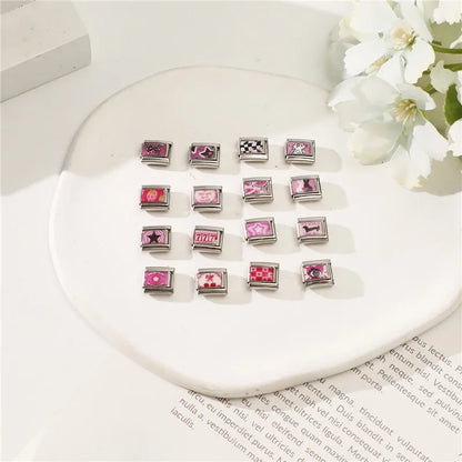 Beautiful Flower Y2K Black Star Dog Heart Pink Italian Charm Link Fit 9mm Stainless Steel Sweet Bracelet Jewelry Making DIY Gift