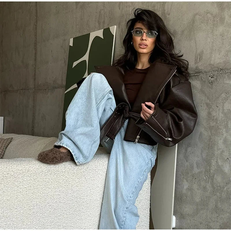 Retro Brown Lace Up Lapel Leather Jacket Women Fashion Zipper Pocket Full Sleeve Short Coat 2025 New Autumn High Street Outwears