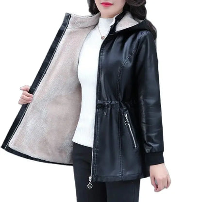 Winter Coat New Fashion Soft Leather Clothes Women's Long Sheep Leather Jacket Plus Velvet Padded Warm Coat