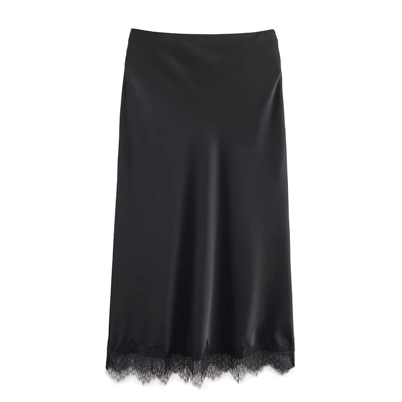 Willshela Women Fashion Solid Lace Side Hem Pleated A-Line Midi Skirt Vintage High Elastic Waist Female Chic Lady Skirts