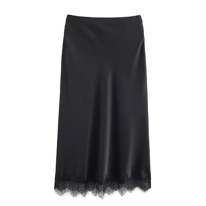 Willshela Women Fashion Solid Lace Side Hem Pleated A-Line Midi Skirt Vintage High Elastic Waist Female Chic Lady Skirts
