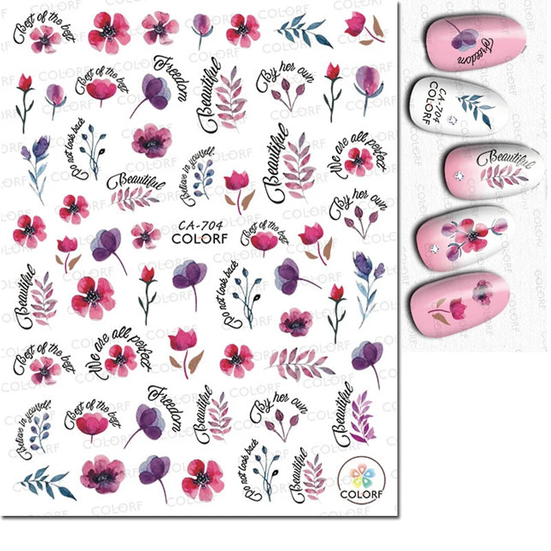 3d Nail Art Decals Watercolor Florals Purple Green Pink Flowers Leafs Fruit Adhesive Sliders Nail Stickers For Manicure