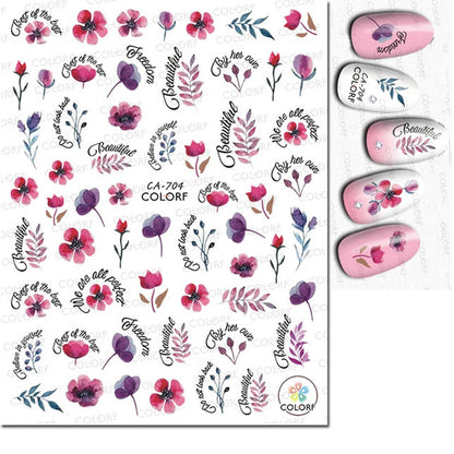 3d Nail Art Decals Watercolor Florals Purple Green Pink Flowers Leafs Fruit Adhesive Sliders Nail Stickers For Manicure