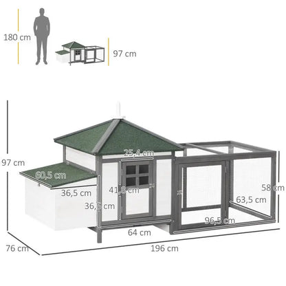 Pollino for Bantam Chickens, 196 X 76 X 97 Cm, Weather-Resistant, with Nesting Box, Run and Resting Bar; Wooden Hut for Small Animals for 1-2 Chickens, Gray