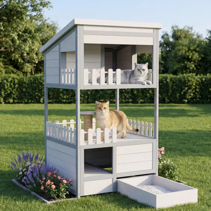 Outdoor cat house, pine cat house, rainproof outdoor cat shelter, solid wood pet cage, winter warm cat bed, with galvanized cat litter box, size 68 x 64 x 124 cm, gray