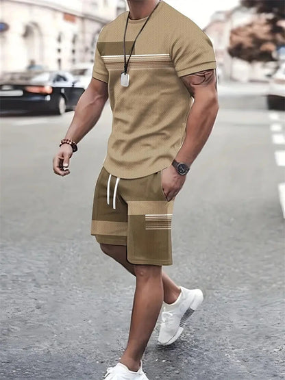Summer Men's Stripe Print Short Sleeve Tee Elastic waist Shorts 2 Pieces Set Plus Size Loose O-Neck T-shirt Pockets Shorts Set