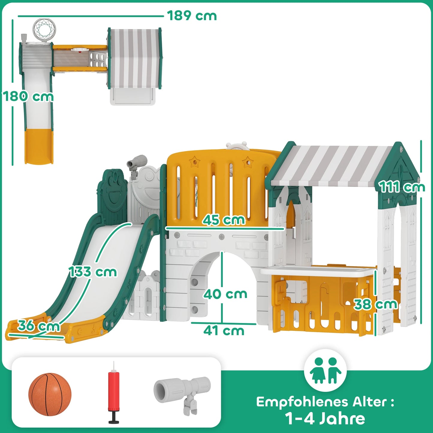 7-in-1 children's slide, indoor playground, climbing frame, house, basketball hoop, plastic, yellow + green, toy slide, outdoor slide, outdoor toy slide, slide