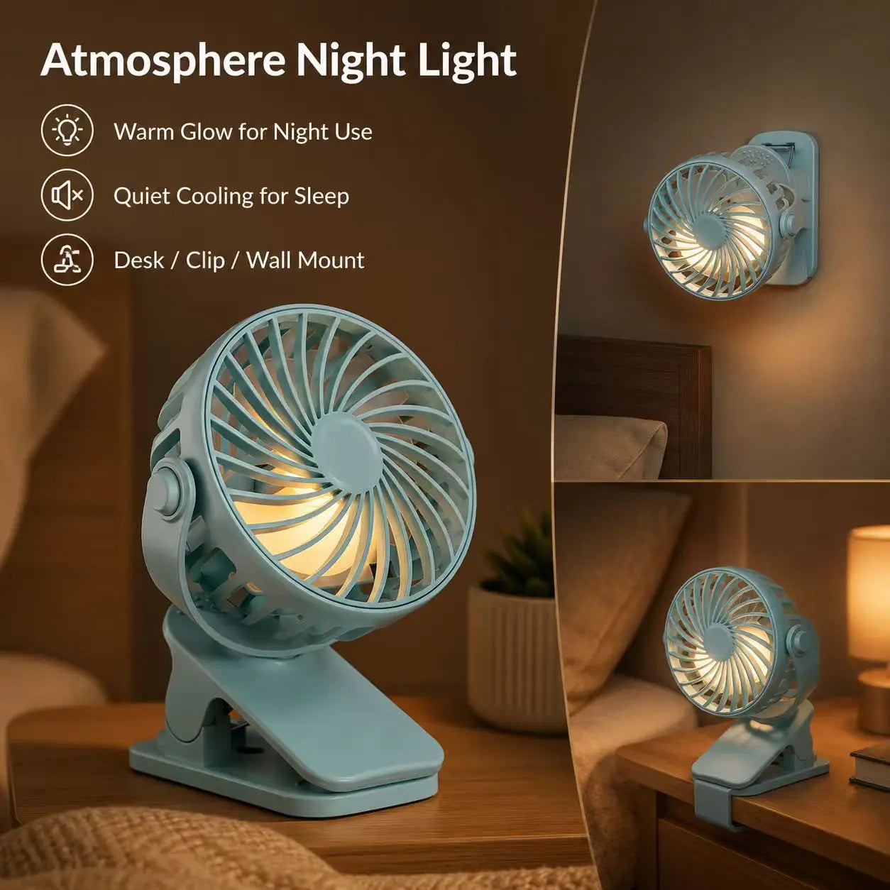 Rechargeable Fan 720° Rotating Hanging Clip Fan with Nightlight for Easy Portability Office Bedroom Dormitory Outdoor Small Fan