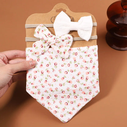 3Pcs/Set Muslin Cotton Print Bib Newborn Bows Headband Triangle Saliva Towel Infant Boy Girl Feeding Burp Baby Hair Accessories