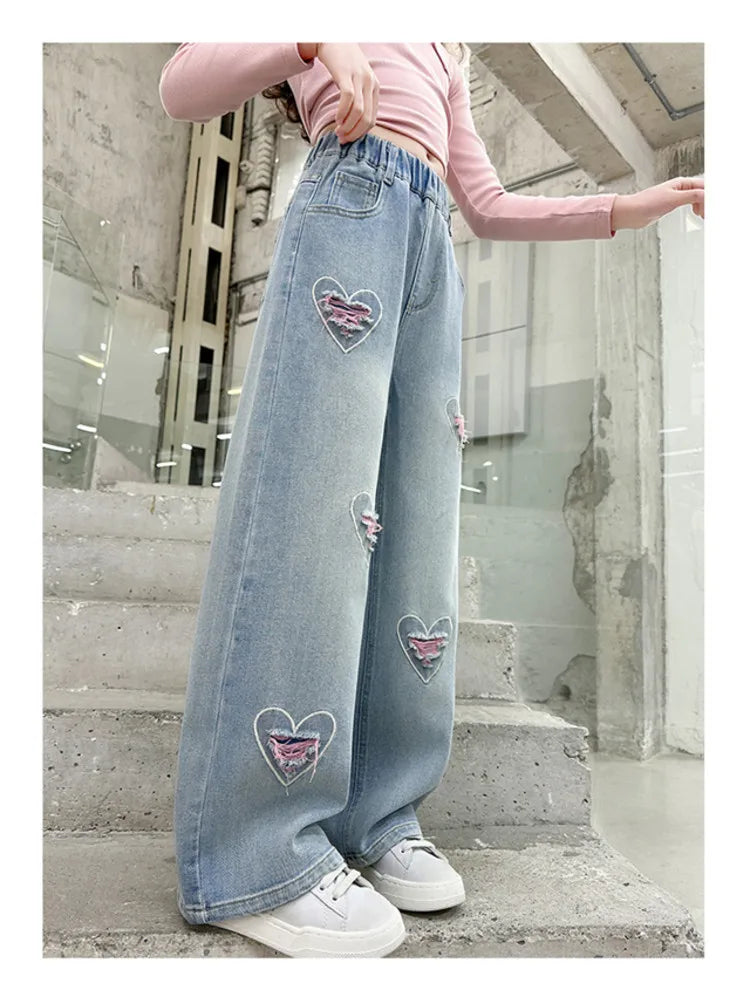 New 4-14 Years Spring Autumn Teenage Girls Jeans Full Print Bow Embroidery Fashion Wide-leg Denim Pants For Kids