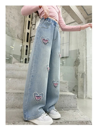 New 4-14 Years Spring Autumn Teenage Girls Jeans Full Print Bow Embroidery Fashion Wide-leg Denim Pants For Kids