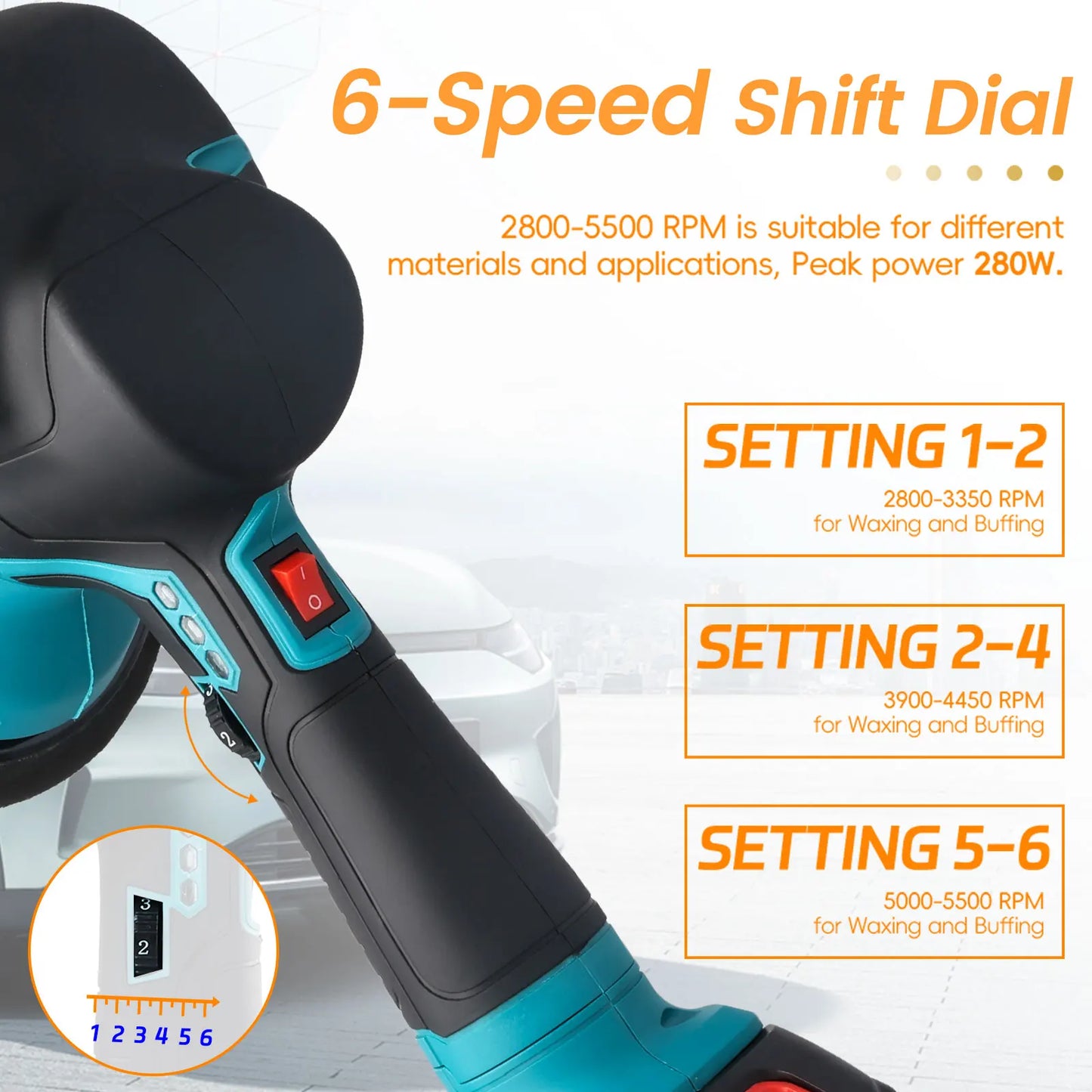 Podofo 6 Gear 5500 RPM Cordless Brushless Car Polisher 6 In 1 Mini Car Buffers Polishers Kit Fit Makita Battery Orbital Polisher For Car Boat Detailing, Polishing, Scratch Removing Without Battery With Storage Bag