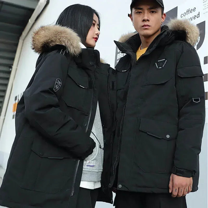 Winter Mens Down Jacket 90% White Duck Down Parkas Coat Mid-length Fur Collar  -30 Degree Keep Warm Male Thicken Snow Overcoats