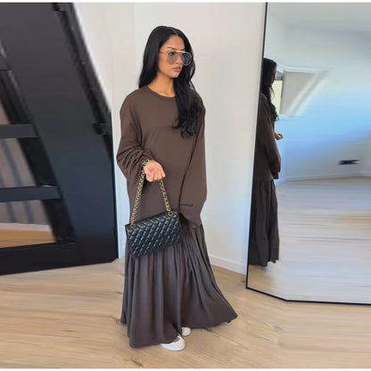 2026 Summer New Loose Patchwork Dresses Women's Pleated Fashion Short Sleeve O-neck Long Robes Female Elegant Casual Dress
