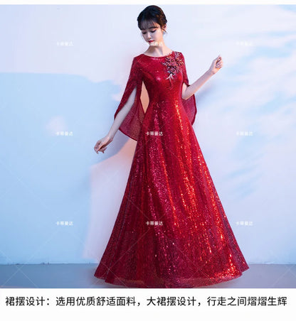 Wine Red Bride's Toast Dress, Women's 2025 New Style Spring Wedding and Engagement Dress, Sequined, Elegant and Grand Evening Dr