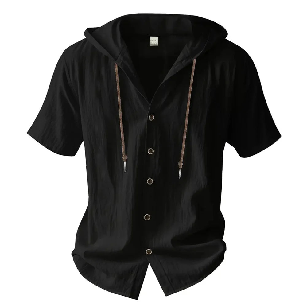 Summer Men's Hooded Cotton Linen Shirt Solid Color Breathable Lightweight Short Sleeve Drawstring Design Tees Male Casual Tops