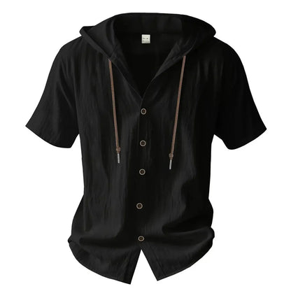 Summer Men's Hooded Cotton Linen Shirt Solid Color Breathable Lightweight Short Sleeve Drawstring Design Tees Male Casual Tops