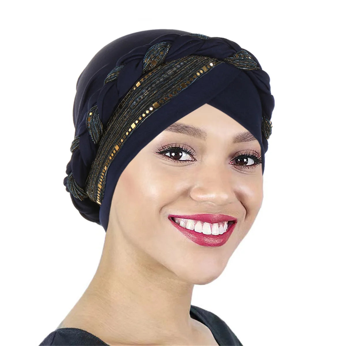 Color Blocked Bright Silk Braid Women Hijabs Turban Hat Solid Color Head Wraps  Pre-tied Elastic Head Scarf Beanies Chemo Cap