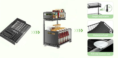 2 Tier Pull Out Cabinet Organizer Adjustable Under Sink Storage Rack Slide Out Drawer Kitchen Spice Jar Storage Shelf
