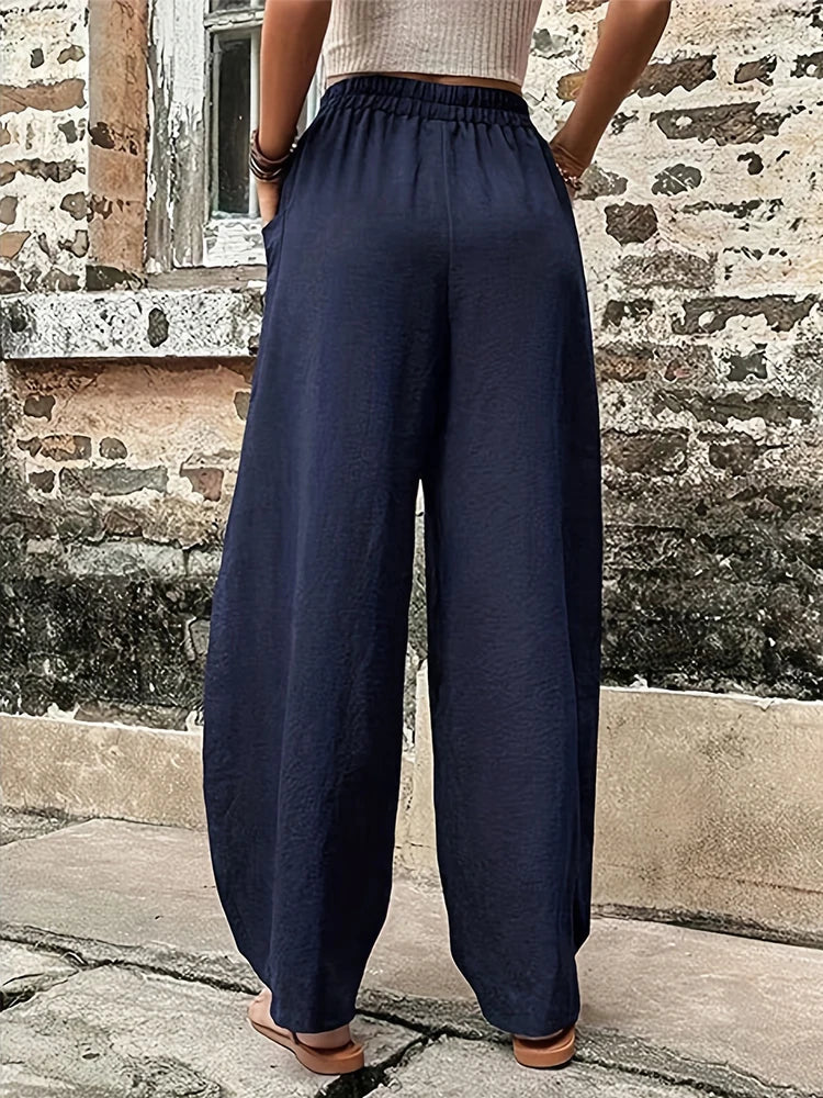 Plus Size Women's Cotton-Linen Harem Trousers Retro Loose-Fit Casual Trousers Elasticated Waistband Workwear Wide-Leg Trousers