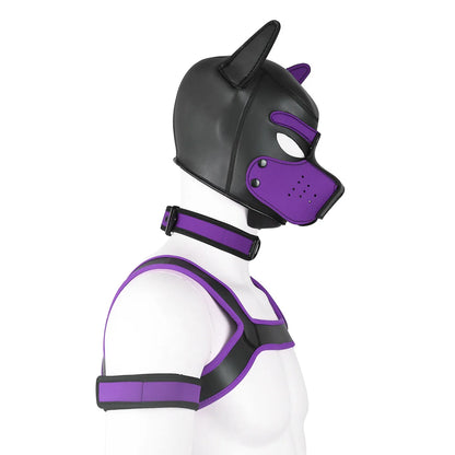 Large Size Puppy Cosplay Neoprene Fetish Hood Mask Kit with Chest Strap Collar Armband Sex Costumes for Bdsm Slave Role Play
