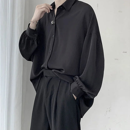 Korean Style Men's Long-sleeved Shirts Black Tie Cozy Casual Solid Oversize Blouses Breathable Loose Shirt Harajuku Male Clothes