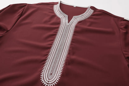 Summer 2025 Kaftan Muslim Men's Short Sleeve Embroidered Loose Casual Robe Breathable Islamic Abaya for Men