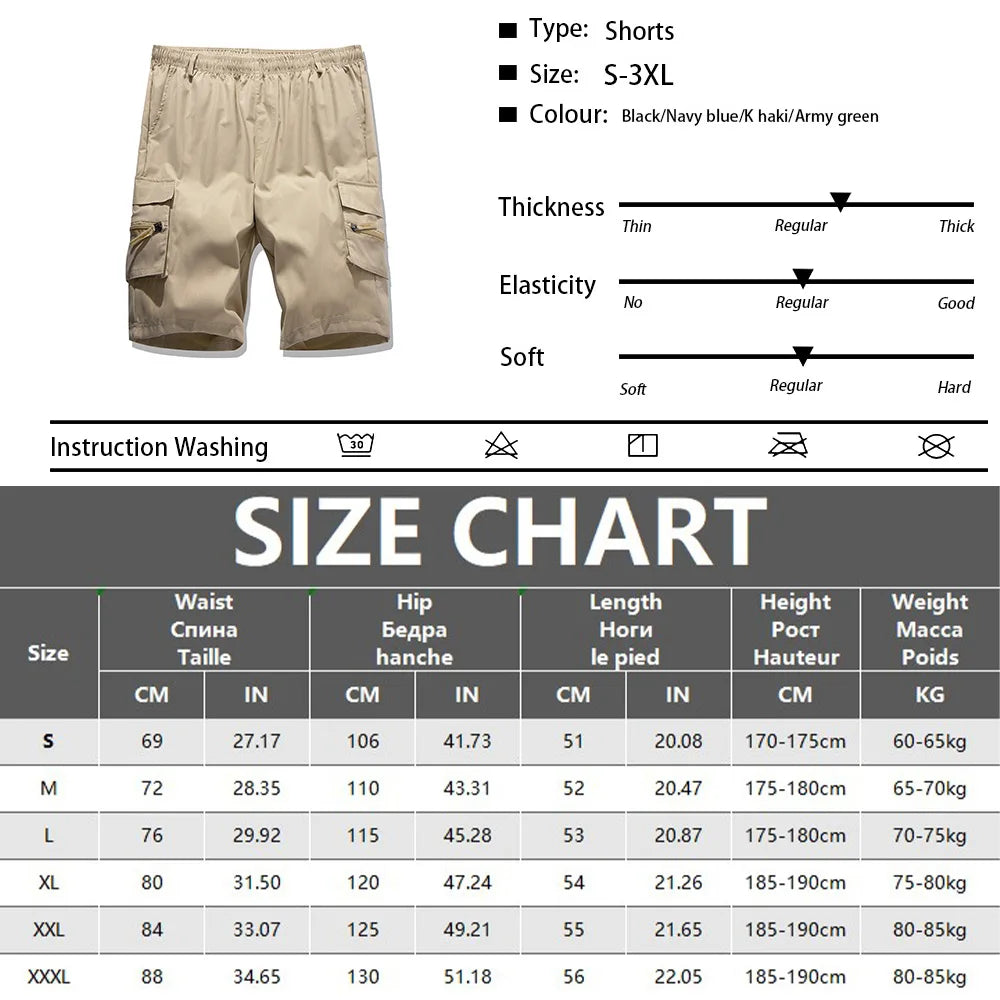 Men's Straight Cargo Shorts Lightweight Breathable Solid Color Drawstring Waist with Zipper Pockets Casual Summer Short Pants