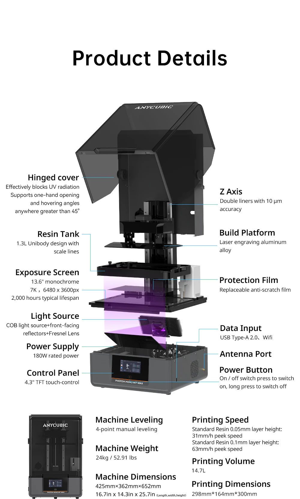 ANYCUBIC Photon Mono M7 Max 14.7L Ultra-Large Print Volume UV Resin 3D Printer Printing Size 298x168x300mm