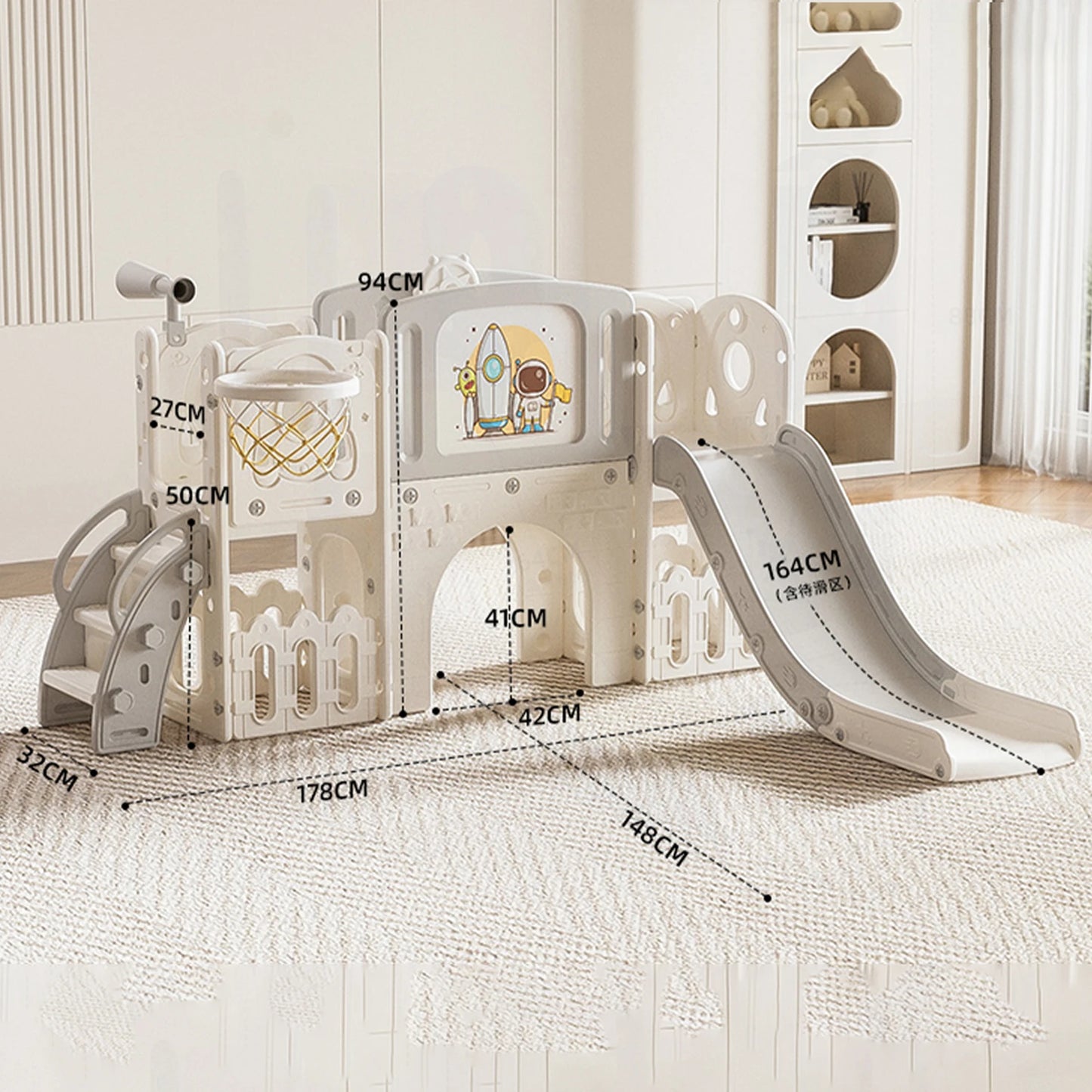Toddler Slide Kids Slide Baby Slide Indoor Playground Toddler Playground Set Kids Climber Slide 8 in 1 Playset with Basketball Hoop Telescope Rotating Steering Wheel Enclosed Anti Slip Steps Long Slide HDPE Play Center for 18