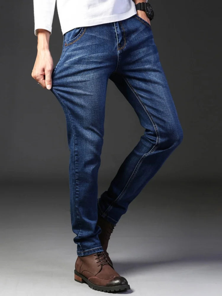 2024 Summer Thin Men's Elastic Cotton Jeans Fashion Gray Comfortable Business Straight Casual Pants High Quality Brand Trousers