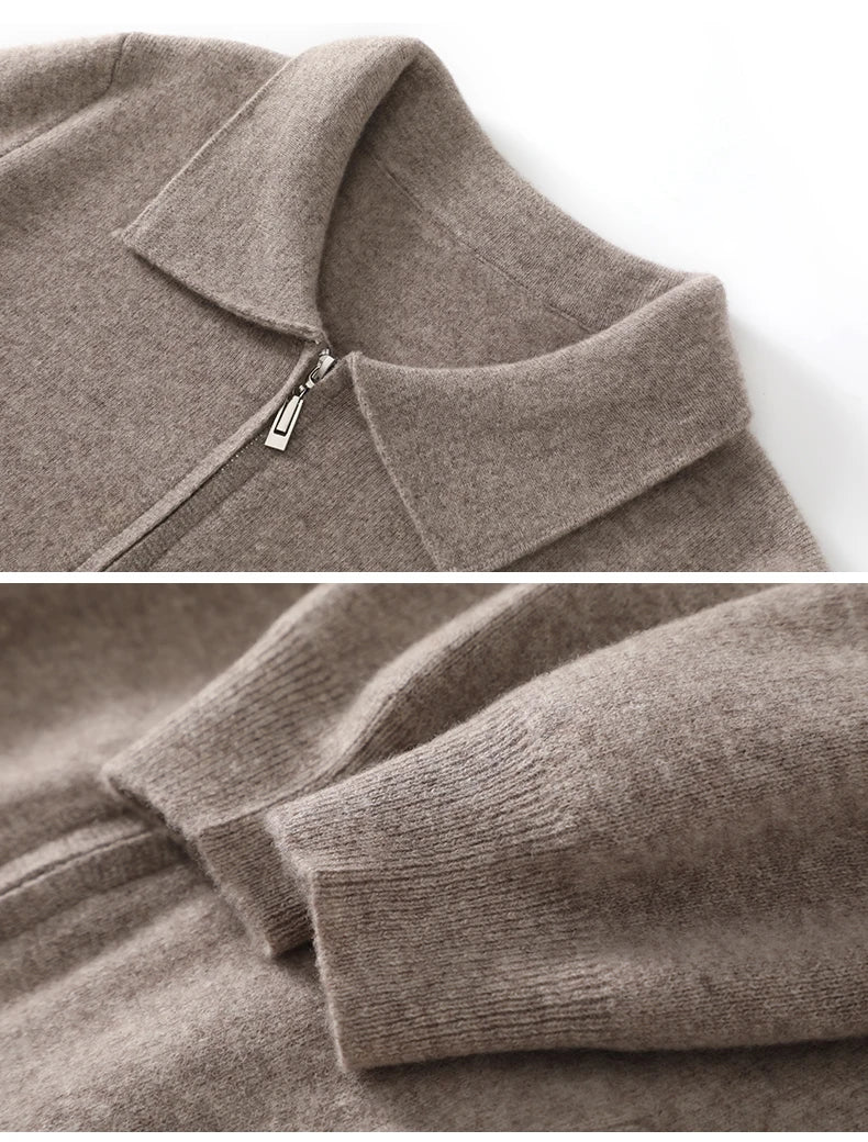 Men's 100% Merino Wool Thickened Sweater Polo Collar Business Zippered Cardigan Autumn Winter New Cashmere Jacket Knitted Top