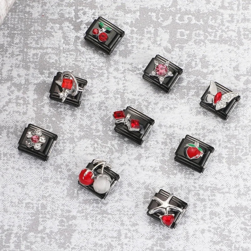 2025 New Original Black Red Stars Love Heart Bows Flower Italian Charm Link Fit 9mm Stainless Steel Jewelry DIY Making Bracelets
