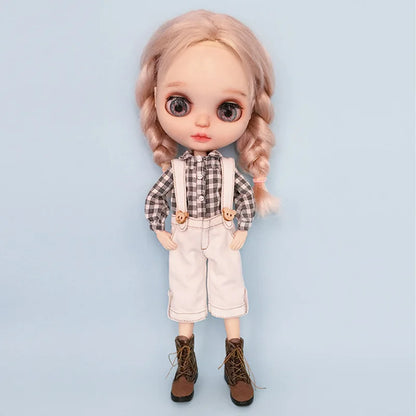 Casual Blyth Doll Clothes Rompers Plaid Pants Long Sleeve Top Suit Doll Trousers for Ymy Licca Azones Ob24 Ob27 Doll Accessories