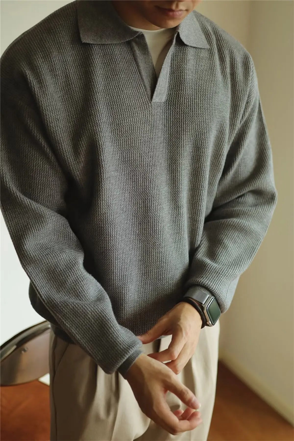 Fashion Solid Color Men Polo Kint Shirt Autumn Long Sleeve Turn-down V-neck Sweater Casual Jumper Tops Men's Knitwear Clothing