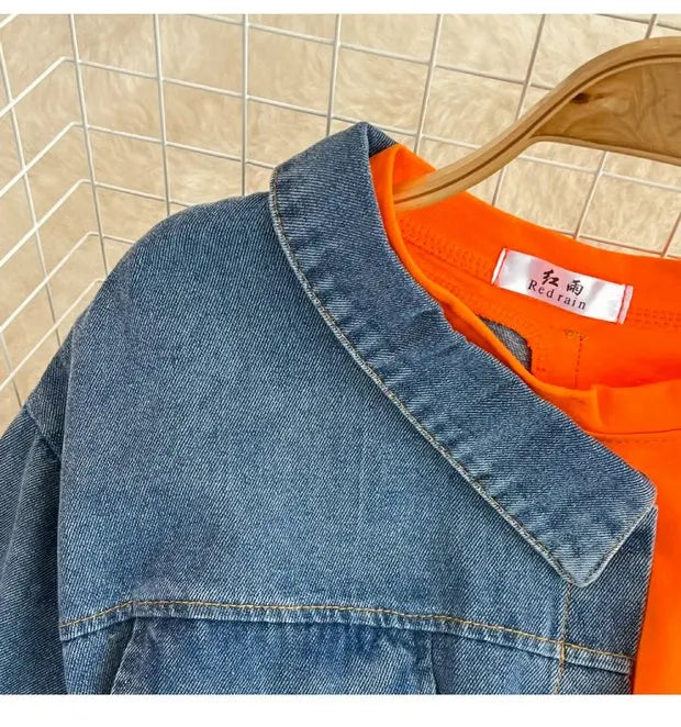 Retro Hong Kong Sle Chic Casual Mid-Length round Ne Patchwork Color Denim irt with Belt Spring New Women's Faion Top