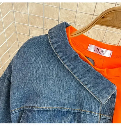 Retro Hong Kong Sle Chic Casual Mid-Length round Ne Patchwork Color Denim irt with Belt Spring New Women's Faion Top